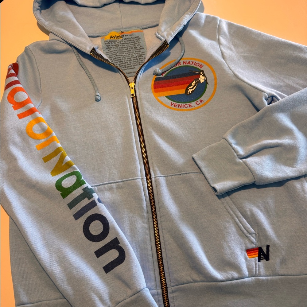 Aviator Nation Light Blue Hoodie with Rainbow Accents